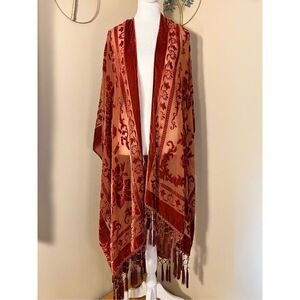 NWT! MTN GRL Wyoming Velvet Mesh Tapestry Tassel Kimono in Rust One Size